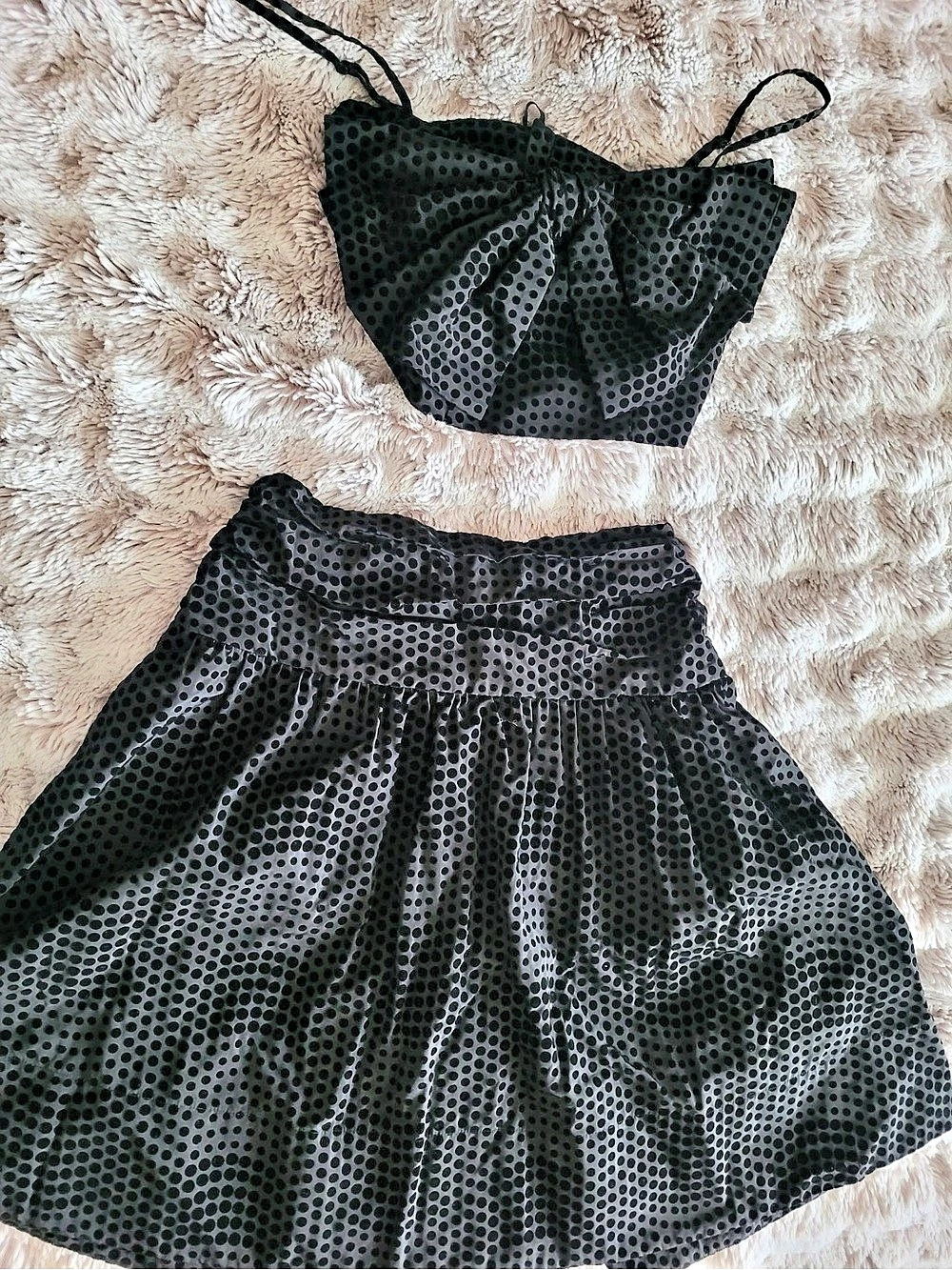 Anthropologie Maeve Black Velvet Flocked Dot Set Skirt Set Black & Gray Size 6